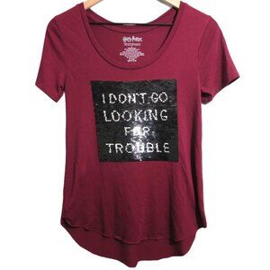 Harry Potter Burgundy Graphic Tee Sequined High Low Top Wizards Trouble Magic M